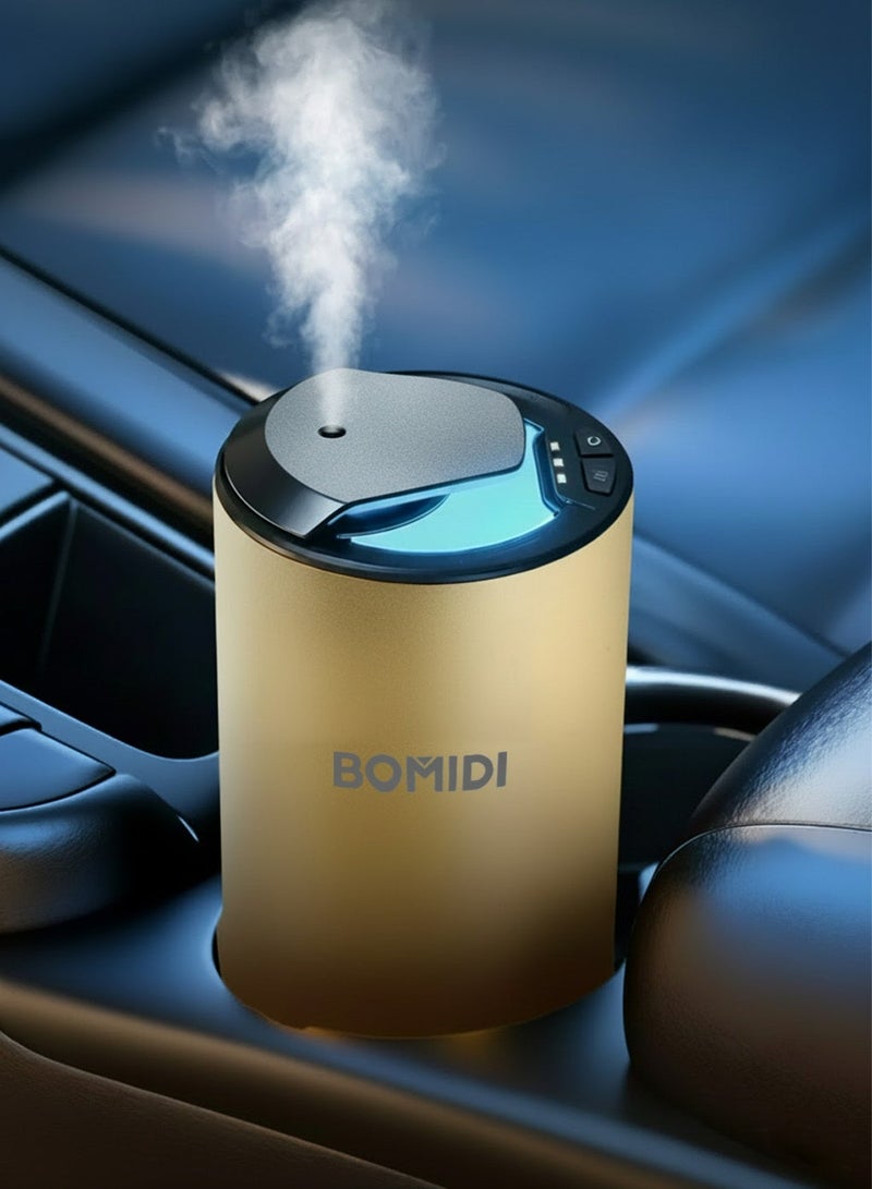 BOMIDI جهاز توزيع العطور بالنبضات بدون ماء – موزع زيت أساسي محمول برذاذ ناعم بسعة 2 سوائل للسيارة، المنزل، المكتب والسفر | قابل للشحن عبر USB 5V وType-C، بطارية 2 000 mAh، آلة رذاذ هواء منخفضة الضوضاء (< 41 ديسيبل) مع زيت كوت دازور بسعة 15 مل مضمونة، AD03-ذهبي - Image 1